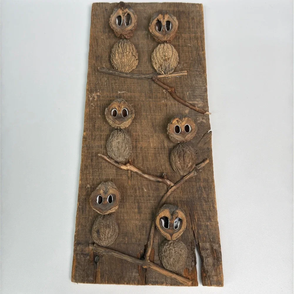 Vintage Owl Wall Hanging Folk Art Rustic Wood Black Walnut Shell Woodland Decor